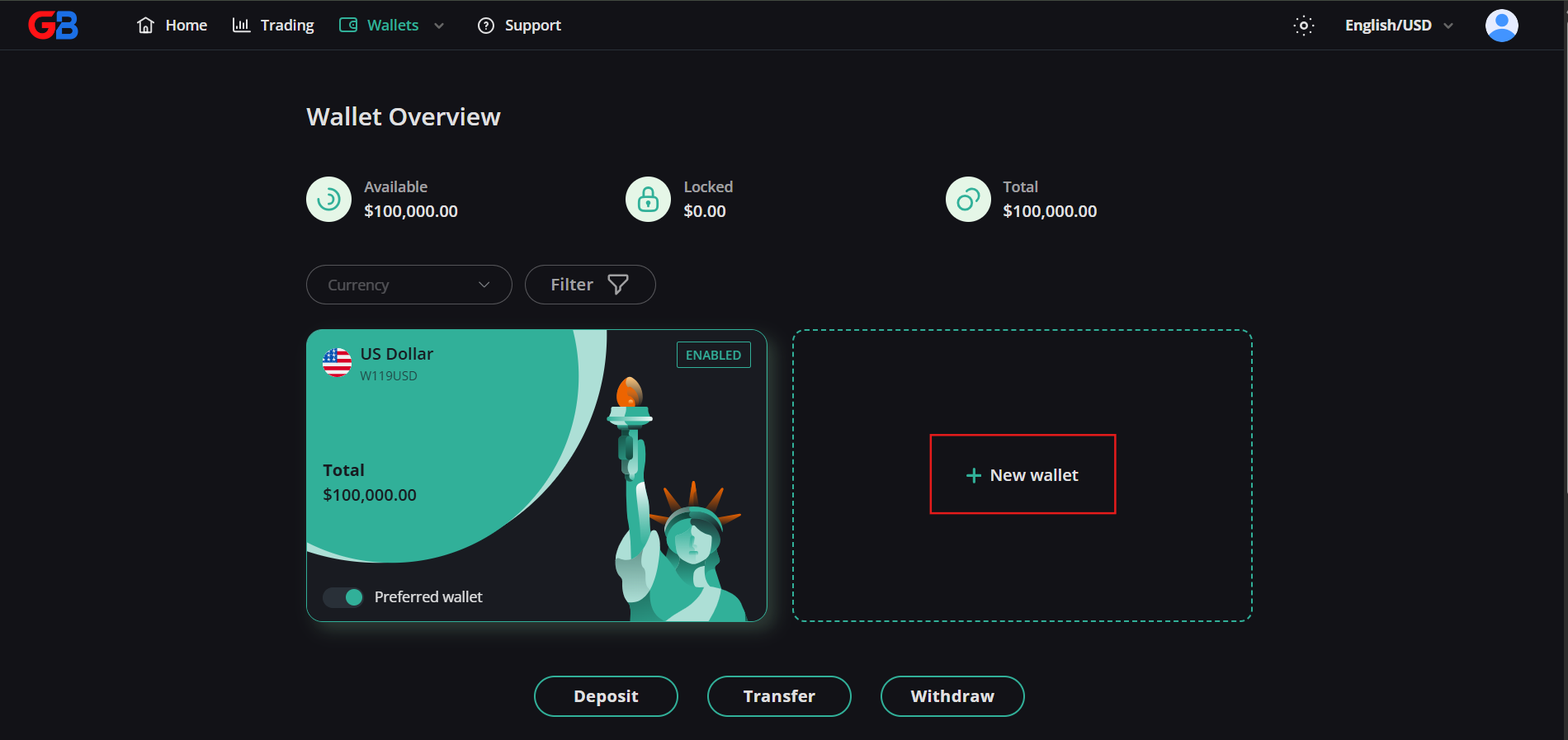 Click New wallet on the Wallet Overview page