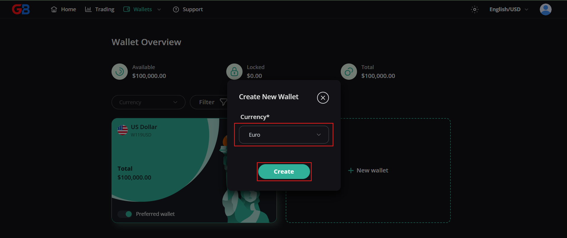 Select a currency and create a new wallet