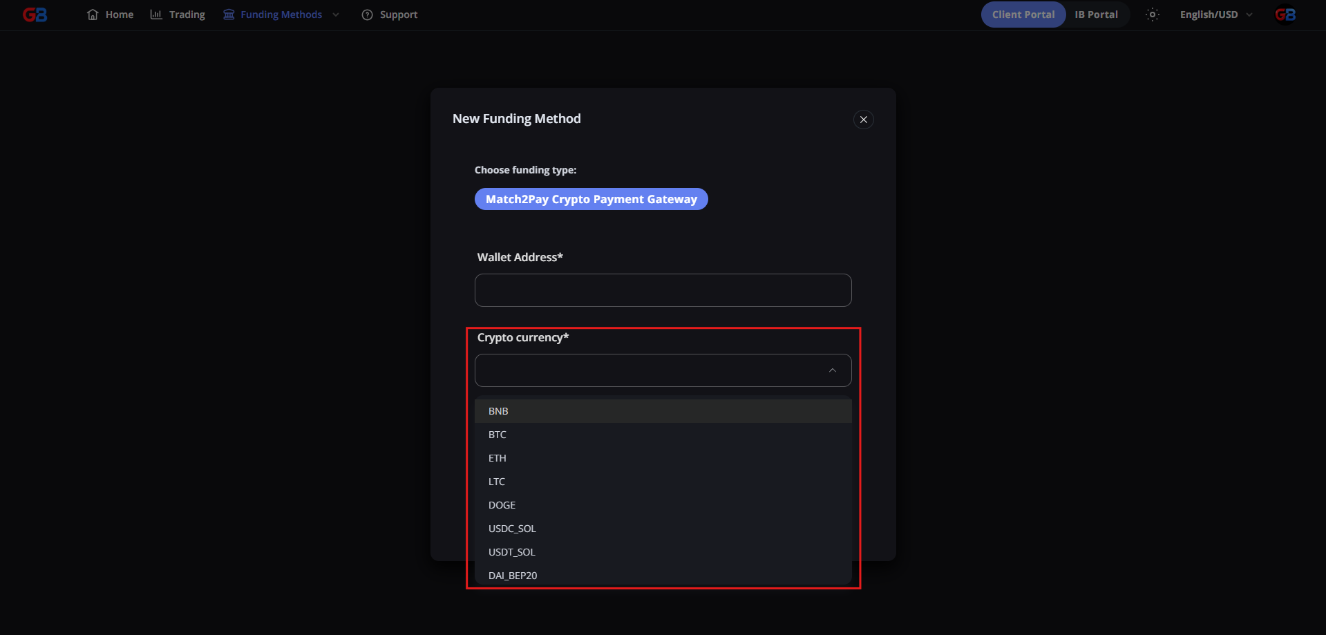 Select the cryptocurrency for the Match2Pay funding method