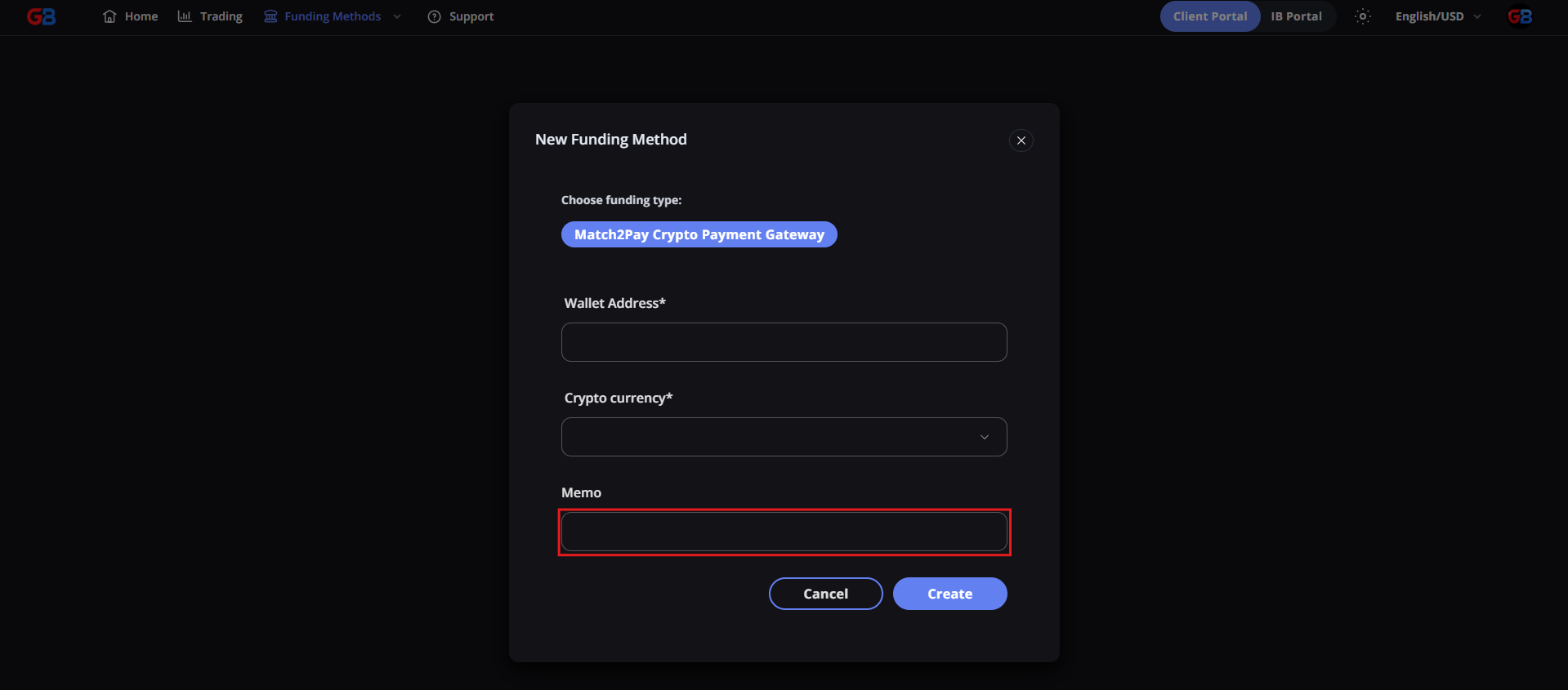 Enter a destination tag or memo for the Match2Pay funding method