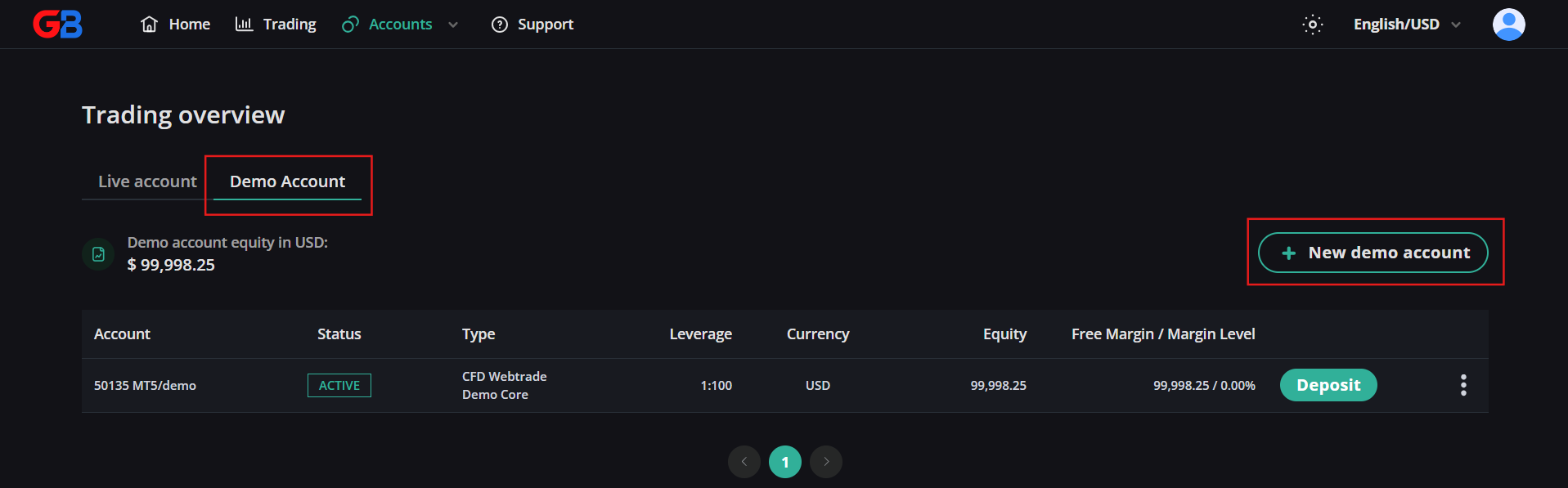 Click New demo account button