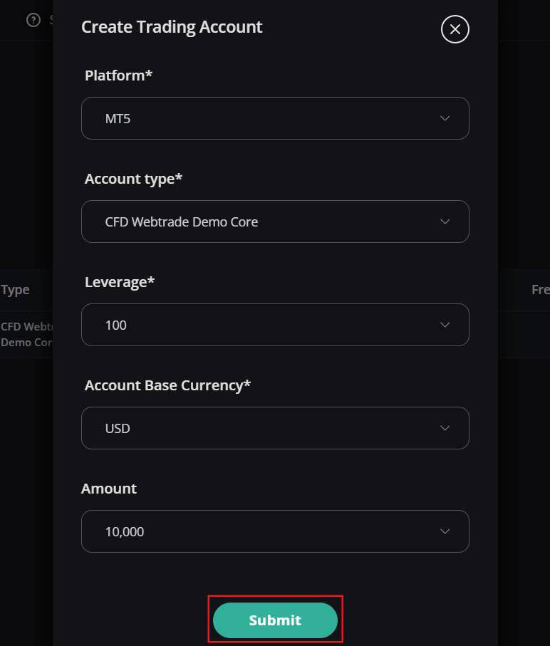 Demo account creation parameters modal