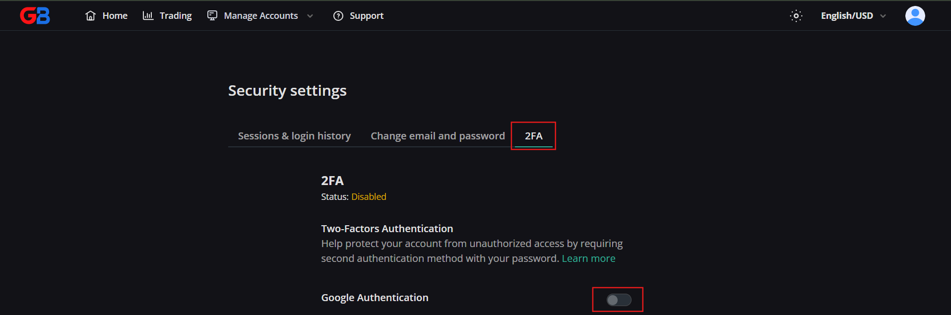 Toggle Google Authentication