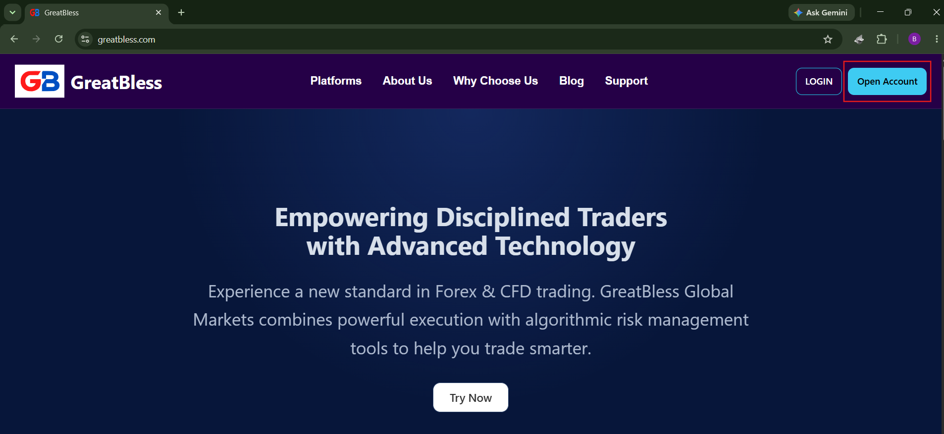 GreatBless homepage navigation with Open Account button highlighted