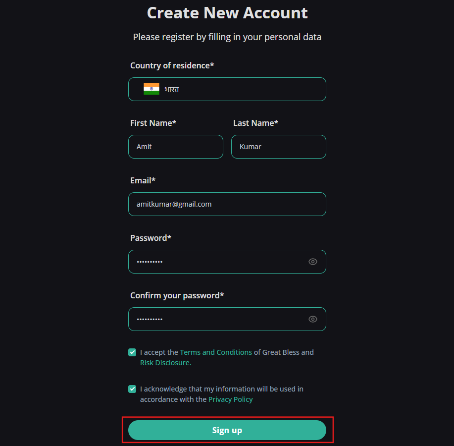 Registration form with personal details and legal acceptance checkboxes
