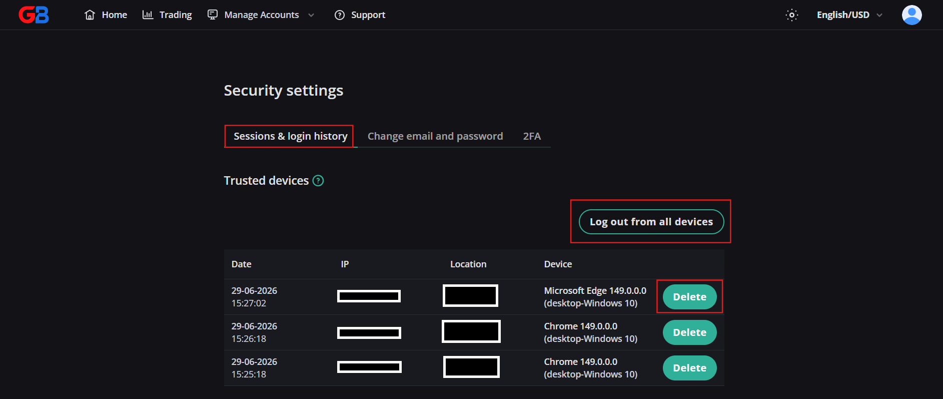 Log out from all devices button