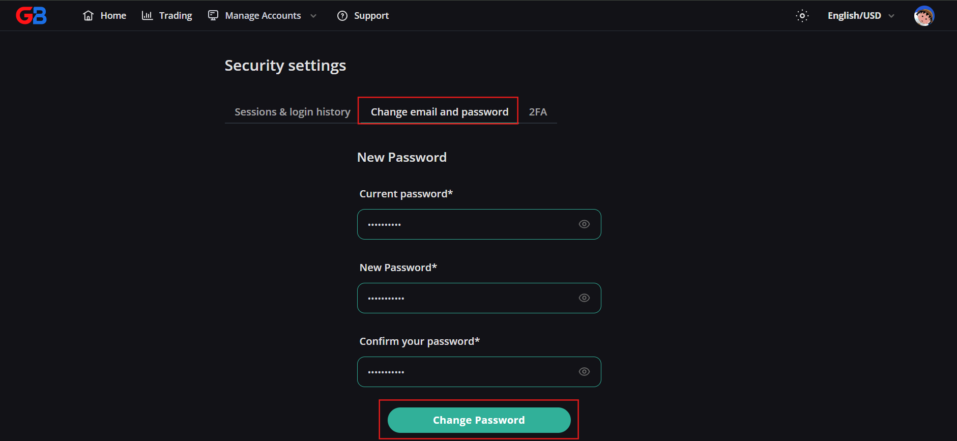 Change email and password tab