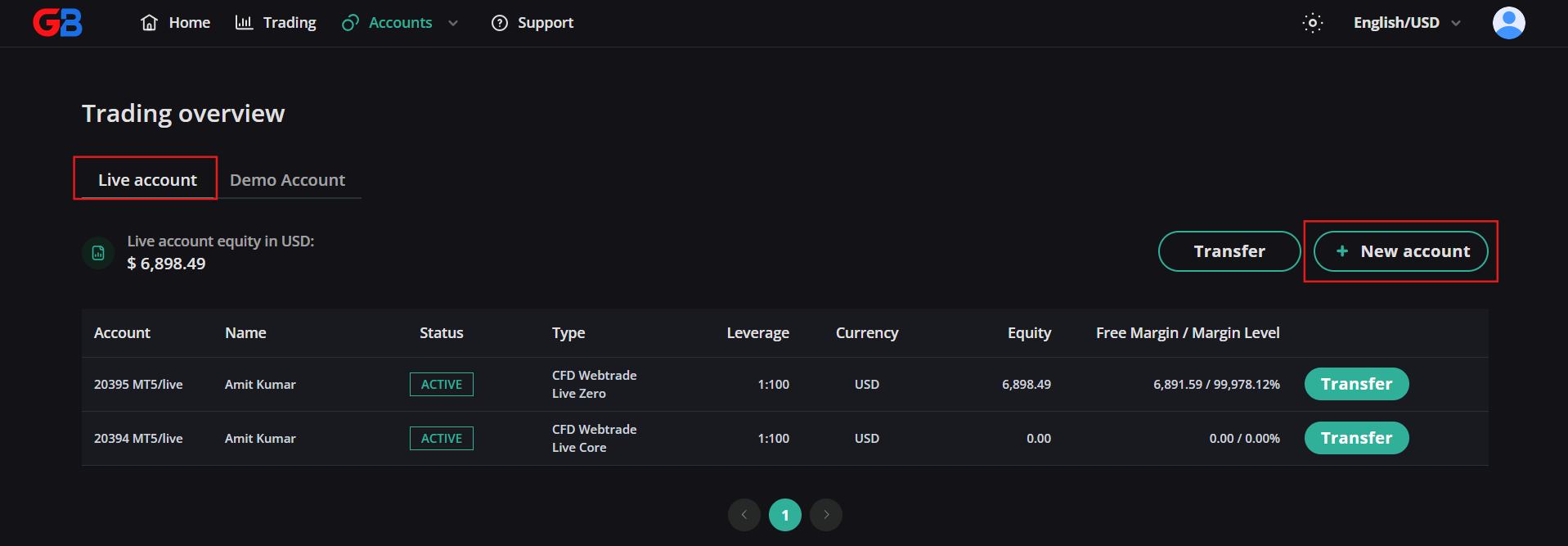 Click New live account button