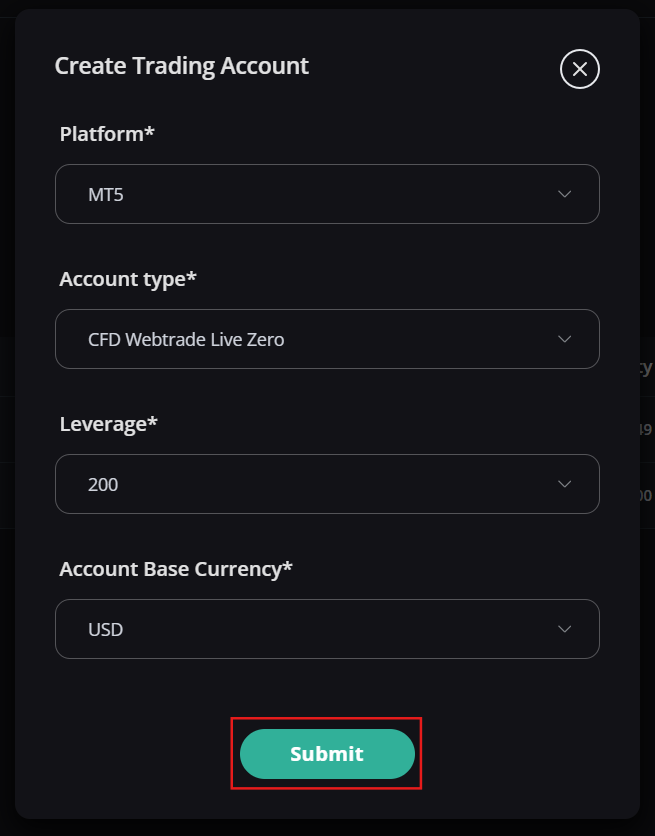 Live account parameters selection dialog