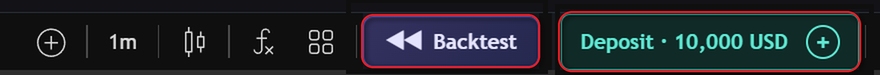 The chart toolbar with Backtest active and the Deposit chip showing a 10,000 USD demo balance