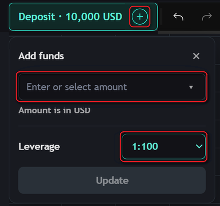 The Add funds panel, with the amount field and the leverage selector