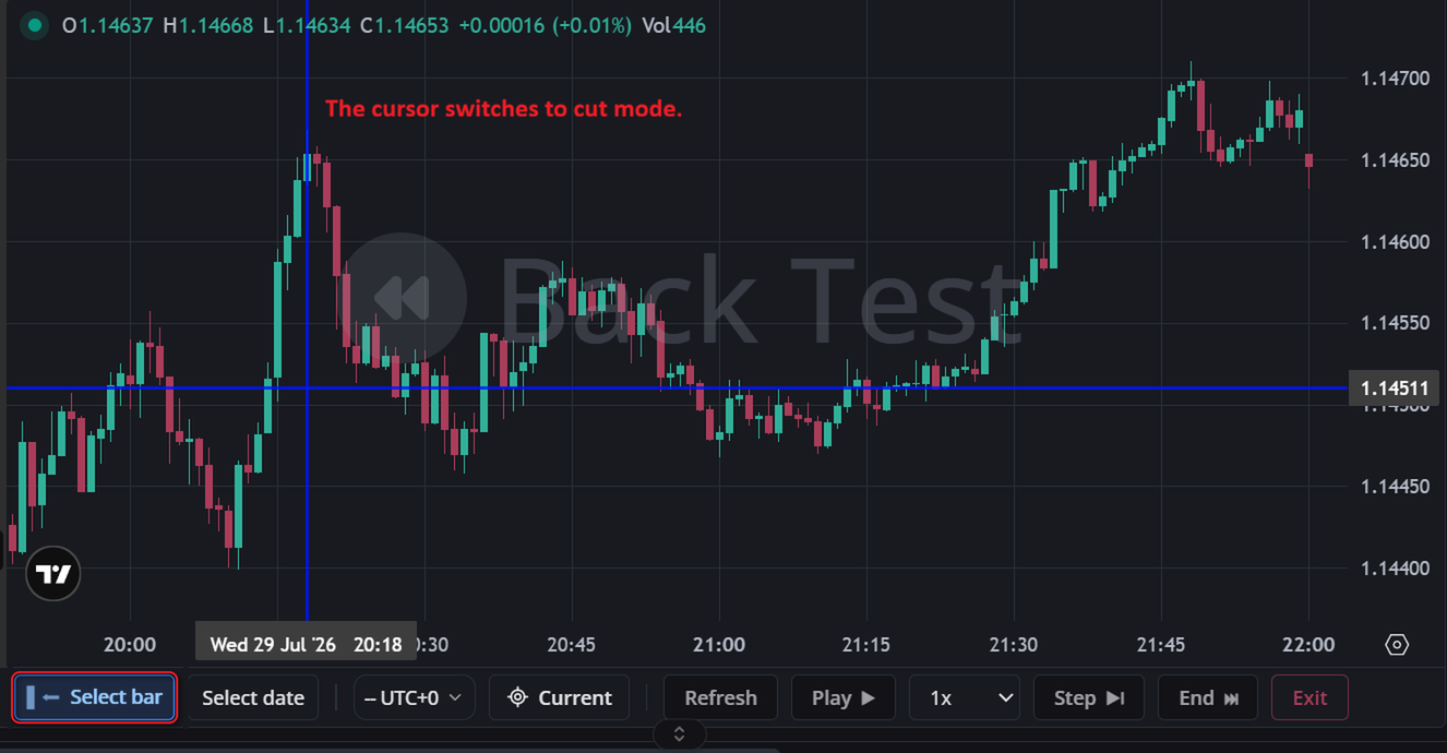 Select bar mode active on the Replay toolbar, with the chart crosshair ready to pick a starting candle