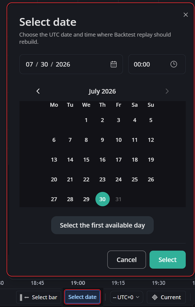 The Select date dialog, with the month, day and year fields, the time field and the calendar