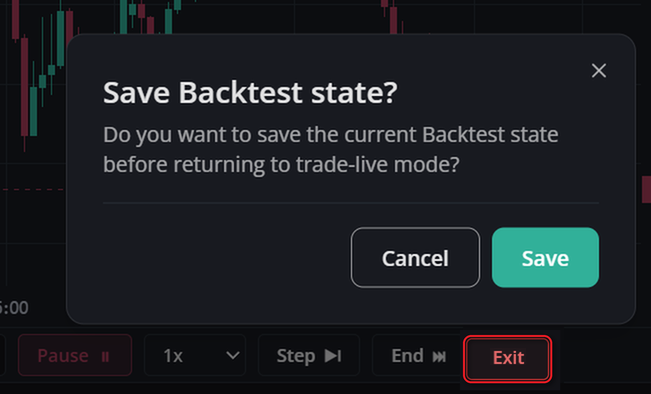 Leaving through Exit on the Replay toolbar, which asks Save Backtest state before returning to live trading
