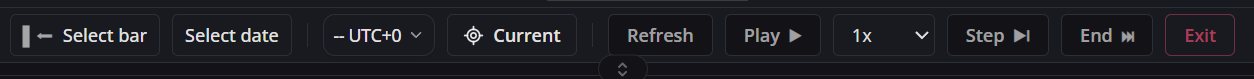 The Backtest Replay toolbar, showing Select bar, Select date, the timezone field, Current, Refresh, Play, speed, Step, End and Exit