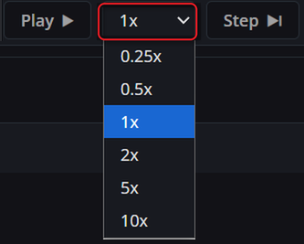 The Backtest replay speed selector open, listing 0.25x, 0.5x, 1x, 2x, 5x and 10x