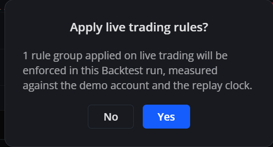 The Apply live trading rules dialog, stating how many live rule groups will be enforced against the demo account and the replay clock