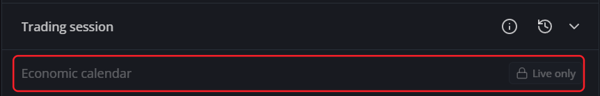 The Economic calendar rule dimmed inside the Trading session category, carrying a Live only badge during Backtest