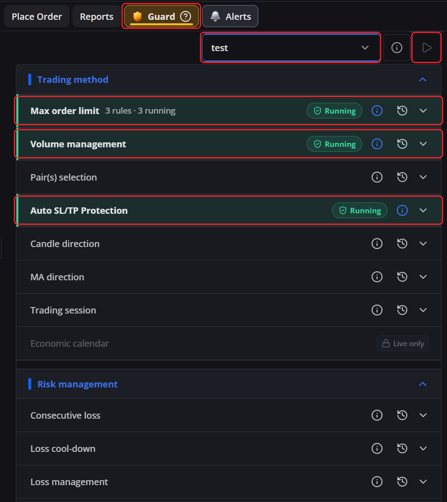 The Trader's Guard panel during a Backtest run, with Running badges on the categories the run enforces and Economic calendar marked Live only