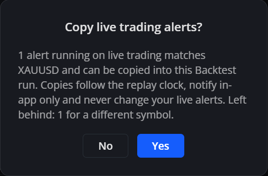 The Copy live trading alerts dialog, naming how many live alerts match the replayed symbol and how many are left behind
