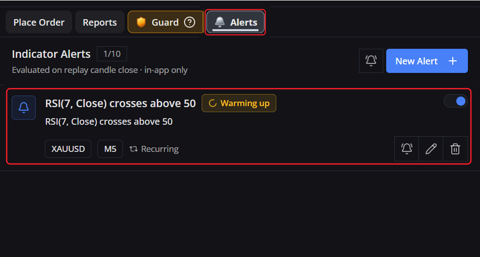 The Alerts tab inside Backtest showing the 1 of 10 quota, the evaluated on replay candle close subtitle, and an alert waiting in Warming up