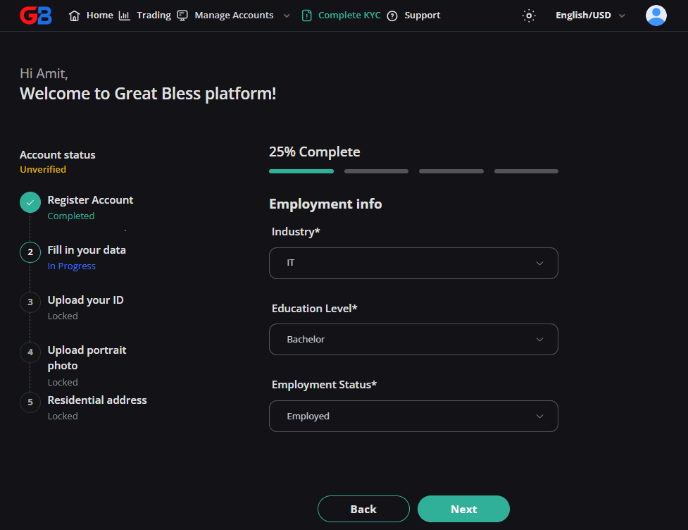 KYC prompt on Client Portal dashboard