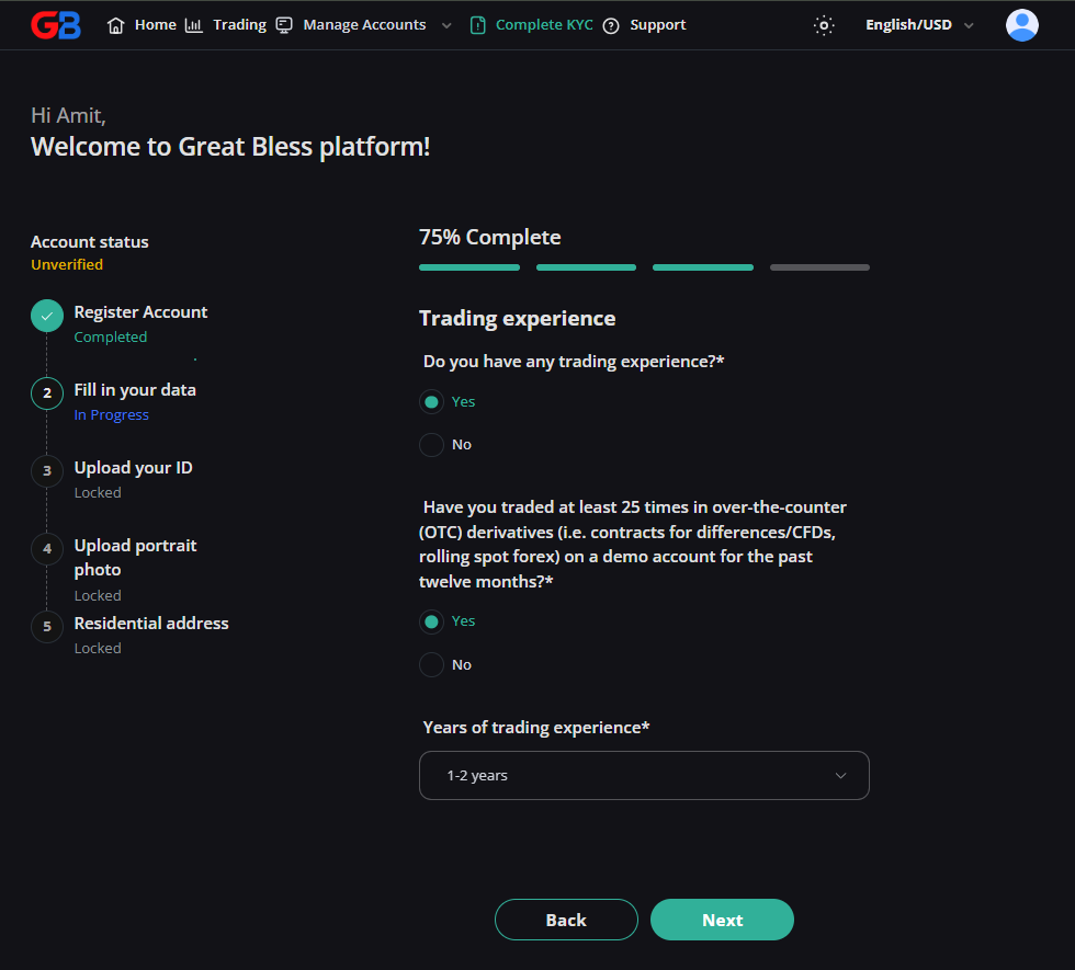 Trading experience section