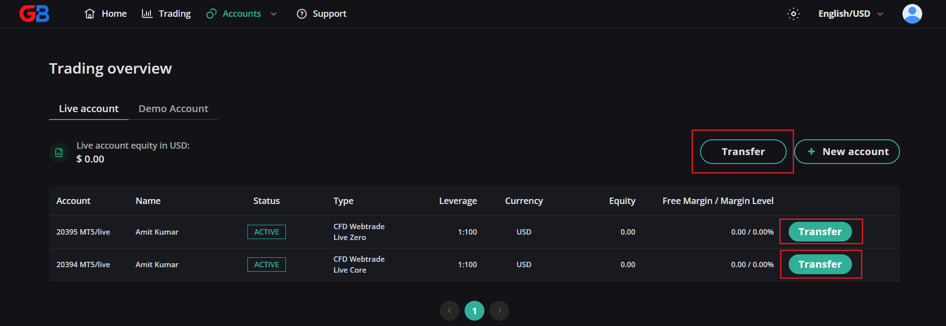 Live account transfer button