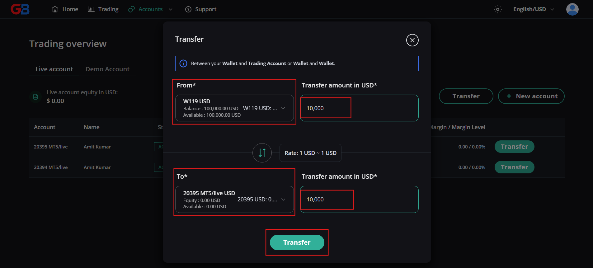 Transfer funds modal