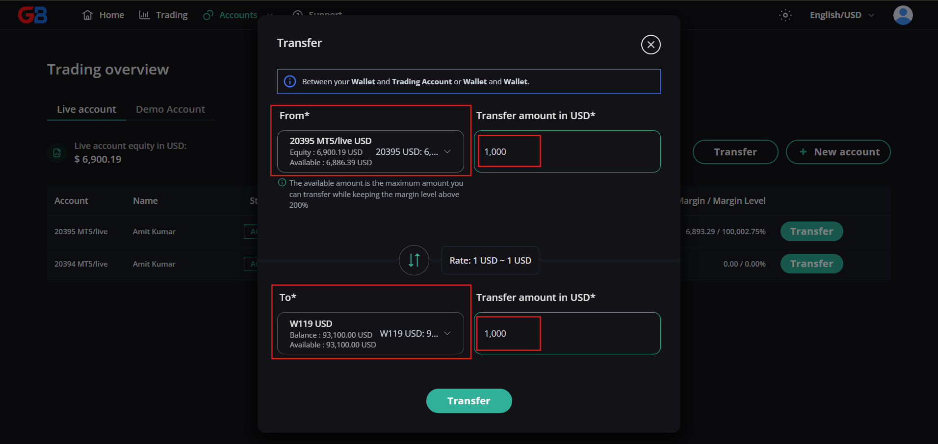 Confirm transfer to wallet