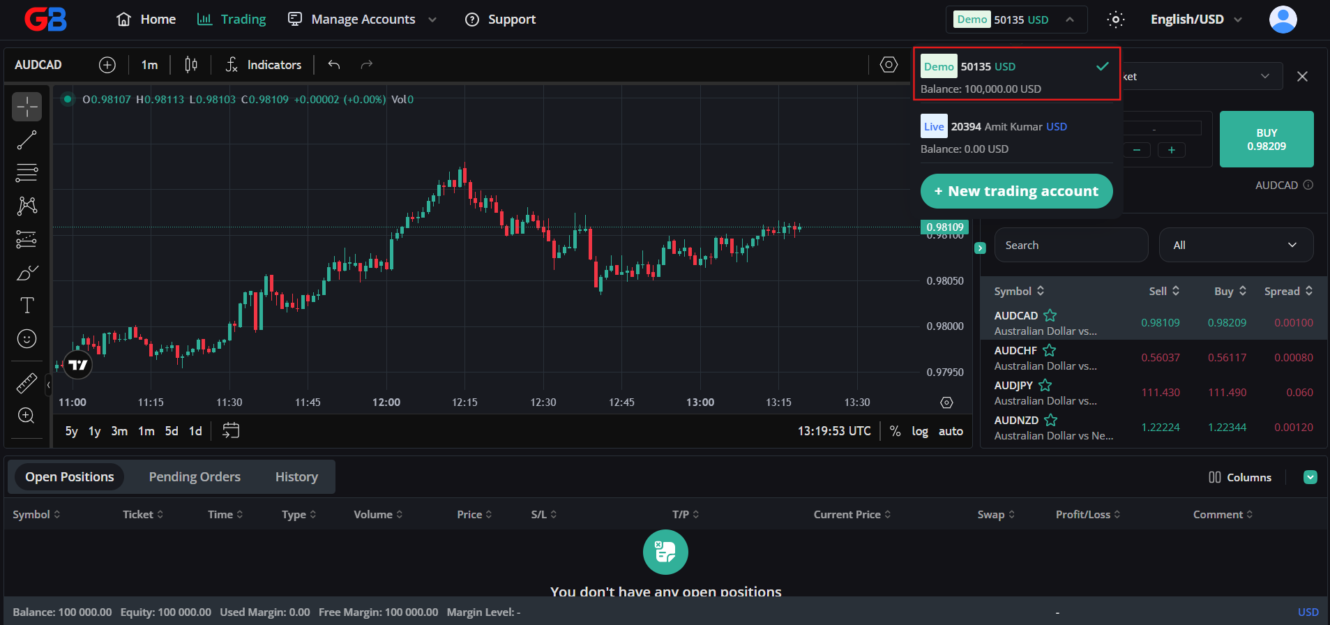 Select a trading account in WebTrade