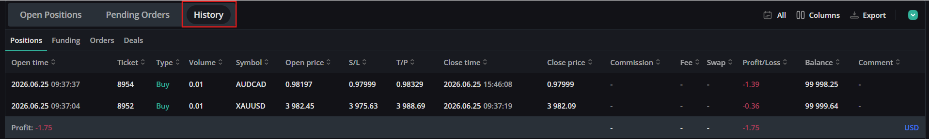Trade History tab