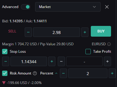 Risk Amount settings in the Advanced order panel